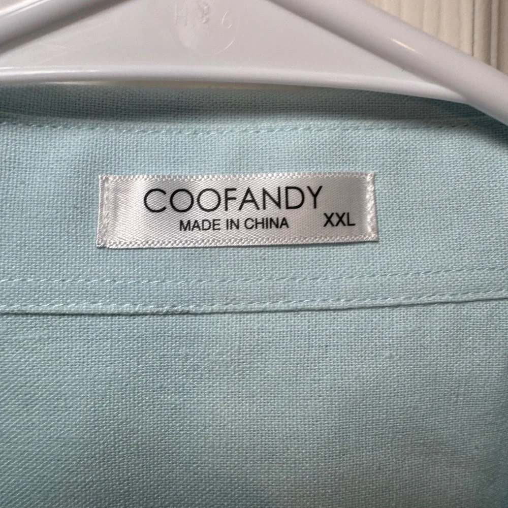 COOFANDY Men's Short Sleeve Button Down Shirt Light Blue Linen Blend‎ XXLarge